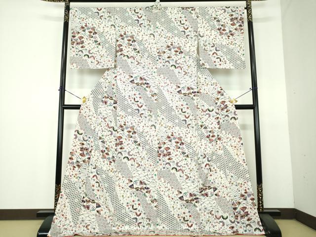 平和屋着物●上質な小紋 型染 舞蝶扇面花文 ロング丈 正絹 逸品 DABH9089ps