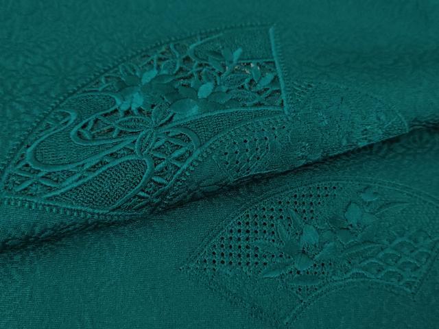 平和屋着物●中国三大刺繍 スワトウ刺繍 汕頭刺繍 色留訪問着 地紙花文 青碧色 正絹 逸品 DABH9095ps