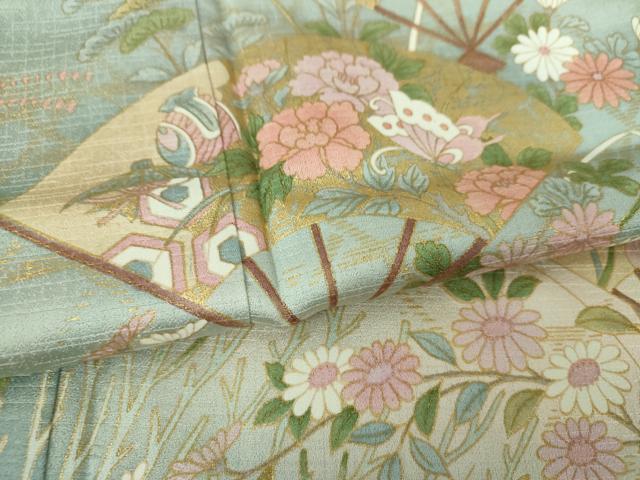 平和屋着物●訪問着 扇面舞蝶花文 暈し染め 金彩 正絹 逸品 DABH9097ps