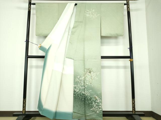 平和屋着物●訪問着 刺繍 草花文 シルエット 暈し染め 金糸 正絹 逸品 DABH9113ps