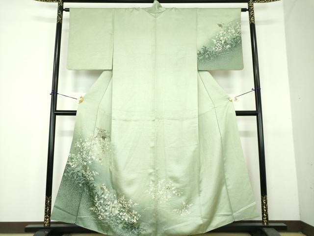平和屋着物●訪問着 刺繍 草花文 シルエット 暈し染め 金糸 正絹 逸品 DABH9113ps