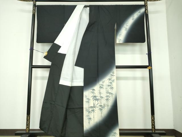 平和屋着物●訪問着 紬地 手描き 笹竹文 黒地 正絹 逸品 DABH9114ps