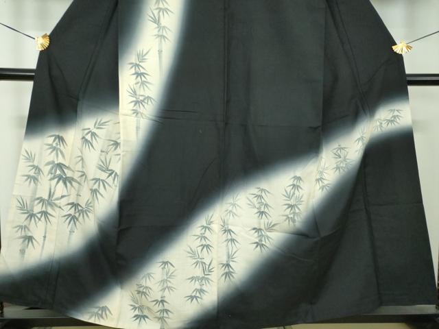 平和屋着物●訪問着 紬地 手描き 笹竹文 黒地 正絹 逸品 DABH9114ps
