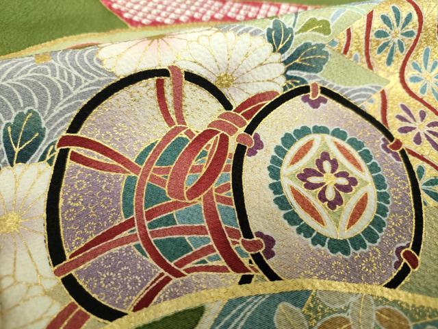 平和屋着物●訪問着 駒刺繍 地紙貝桶花熨斗文 舞蝶飛鶴宝尽くし 暈し染め 金彩 正絹 逸品 DABH9119ps