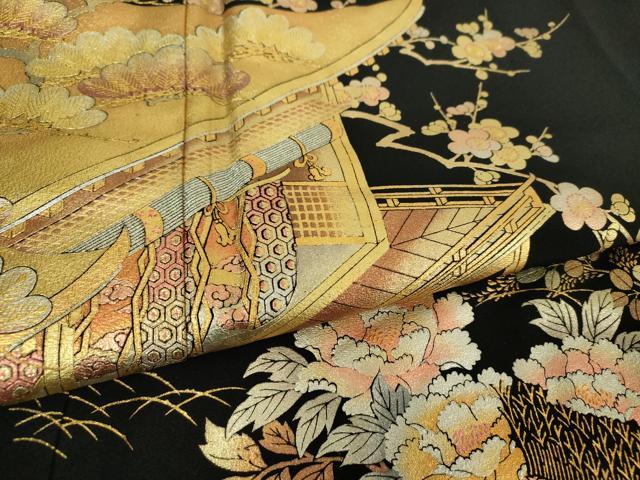 平和屋着物●金彩友禅 卓越技能者・名工・和田光正 黒留袖 御所車風景花文 金銀彩 正絹 逸品 DABH9125ps