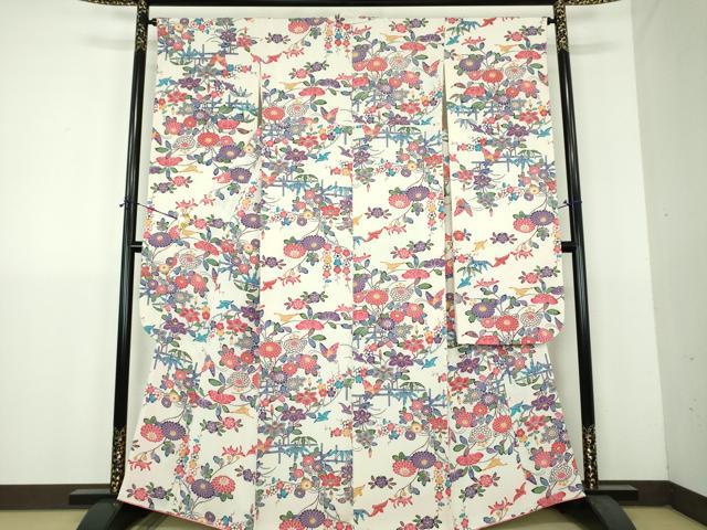 平和屋着物●豪華振袖 紅型 舞蝶花鳥文 鬼しぼ縮緬 正絹 逸品 DABH9143ps