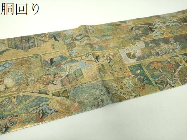 平和屋着物▼極上 西陣あさぎ 丸帯 徳川美術館秘蔵 源氏物語絵図 プラチナ本金箔 正絹 逸品 DABH9149ps