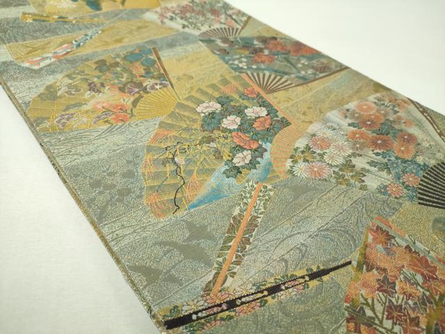 平和屋着物▼極上 西陣あさぎ 両面 全景全通柄袋帯 琳派三十六華扇 プラチナ本金箔 正絹 逸品 DABH9151ps