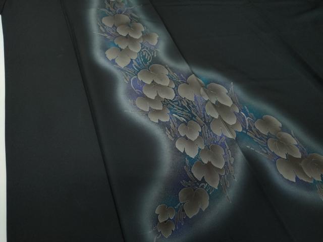 平和屋着物●東京友禅 菅有鬼一 訪問着 蔦の葉文 暈し染め 黒地 金彩 正絹 逸品 DABH9160ps
