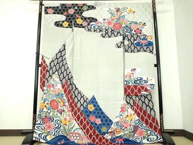 平和屋着物●豪華振袖 紅型 流水籬花鳥文 正絹 逸品 DABH9163ps