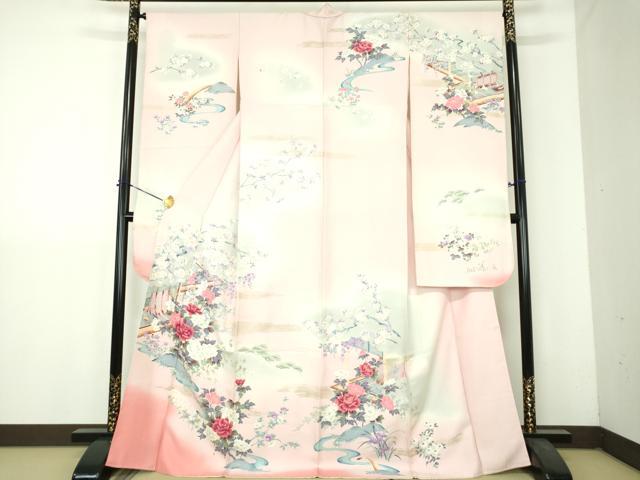 平和屋着物●豪華振袖 風景花文 暈し染め 銀通し地 正絹 逸品 DABH9164ps