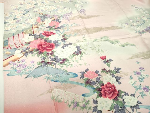 平和屋着物●豪華振袖 風景花文 暈し染め 銀通し地 正絹 逸品 DABH9164ps