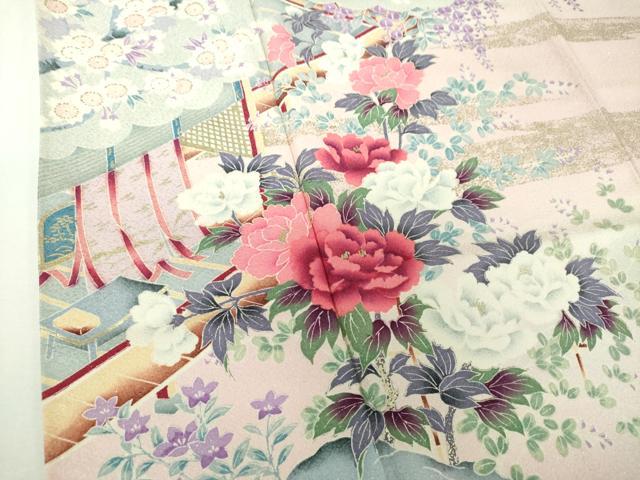 平和屋着物●豪華振袖 風景花文 暈し染め 銀通し地 正絹 逸品 DABH9164ps