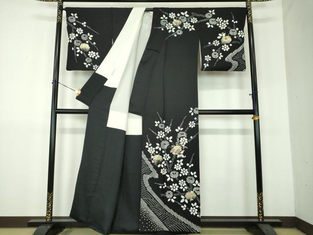 平和屋着物●訪問着 刺繍 絞り 草花文 黒地 金彩 正絹 逸品 DABH9167ps