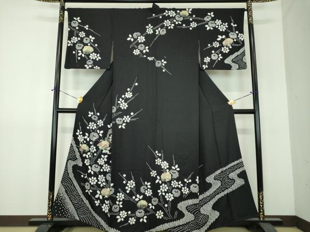 平和屋着物●訪問着 刺繍 絞り 草花文 黒地 金彩 正絹 逸品 DABH9167ps
