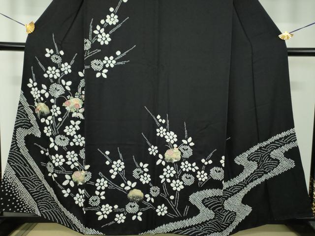 平和屋着物●訪問着 刺繍 絞り 草花文 黒地 金彩 正絹 逸品 DABH9167ps