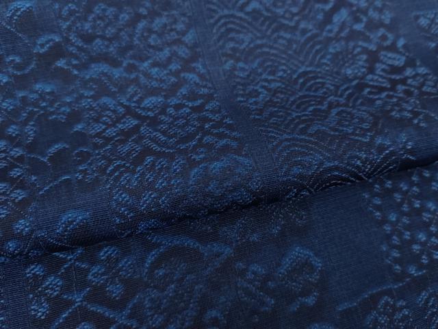 平和屋着物●上質なお召 藍 名物裂花文 笹蔓緞子 正絹 逸品 未使用 DABH9173ps