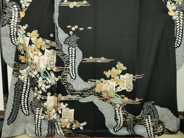 平和屋着物●豪華振袖 絞り 御所車花文 黒地 金銀彩 京都きもの友禅扱い 正絹 逸品 DABH9183ps