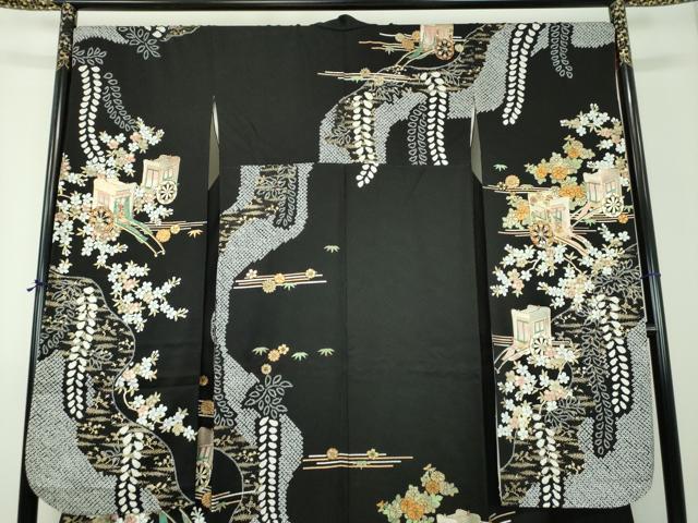 平和屋着物●豪華振袖 絞り 御所車花文 黒地 金銀彩 京都きもの友禅扱い 正絹 逸品 DABH9183ps