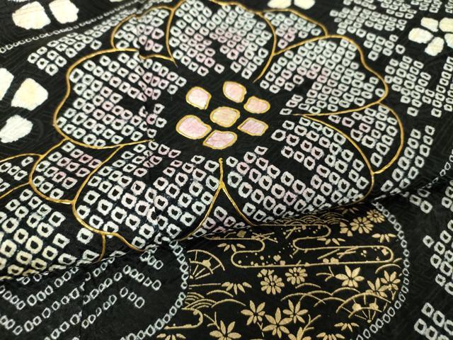 平和屋着物●豪華振袖 絞り 吉祥花文 黒地 金彩 正絹 逸品 DABH9196ps