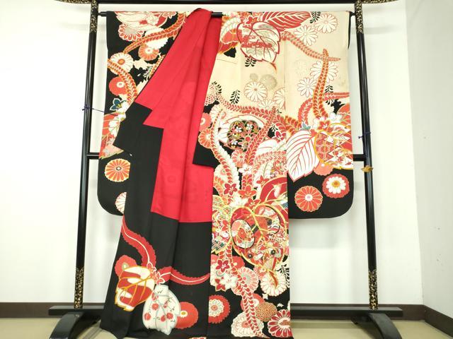 平和屋本店●アンティーク 大正ロマン 振袖 駒刺繍 鼓吉祥鳳凰花文 黒地 金銀彩 正絹 逸品 DABH9223ps