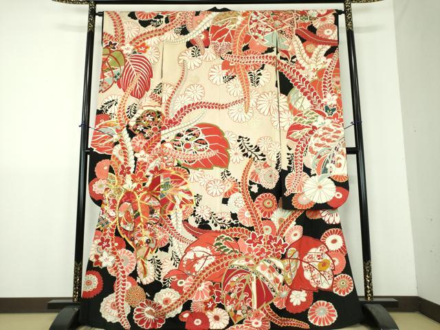 平和屋本店●アンティーク 大正ロマン 振袖 駒刺繍 鼓吉祥鳳凰花文 黒地 金銀彩 正絹 逸品 DABH9223ps
