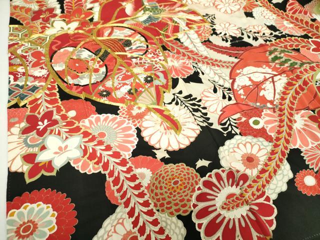 平和屋本店●アンティーク 大正ロマン 振袖 駒刺繍 鼓吉祥鳳凰花文 黒地 金銀彩 正絹 逸品 DABH9223ps