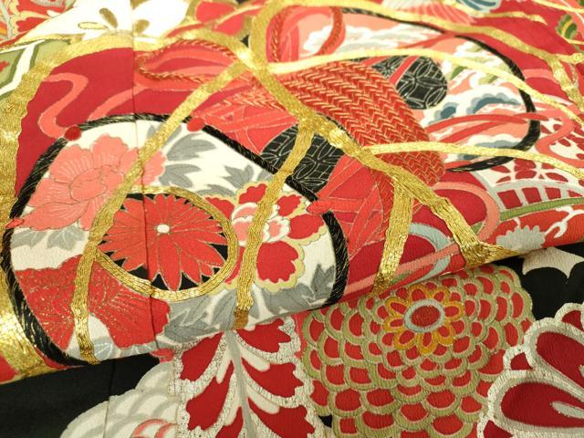 平和屋本店●アンティーク 大正ロマン 振袖 駒刺繍 鼓吉祥鳳凰花文 黒地 金銀彩 正絹 逸品 DABH9223ps
