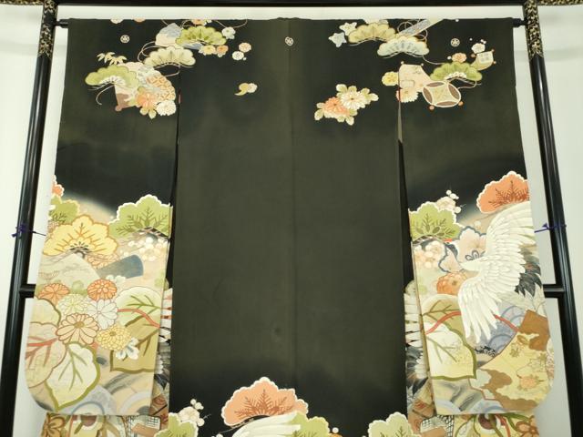 平和屋本店●アンティーク 大正ロマン 振袖 駒刺繍 手描き 飛鶴御所車花文 暈し染め 黒地 金彩 正絹 逸品 DABH9224ps