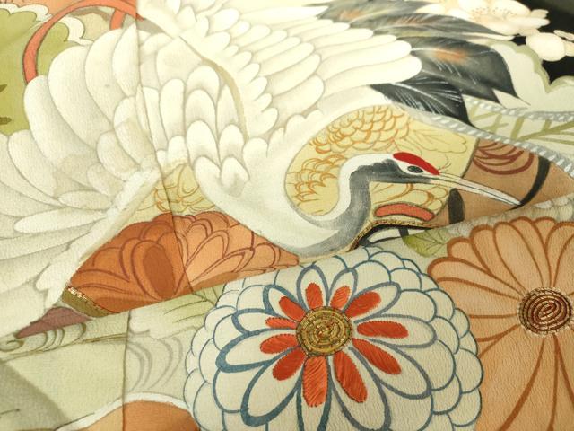 平和屋本店●アンティーク 大正ロマン 振袖 駒刺繍 手描き 飛鶴御所車花文 暈し染め 黒地 金彩 正絹 逸品 DABH9224ps