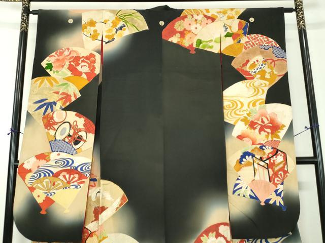 平和屋本店●アンティーク 大正ロマン 振袖 駒刺繍 扇面御所車飛鶴花文 暈し染め 黒地 金糸 正絹 逸品 DABH9225ps