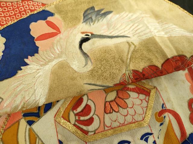 平和屋本店●アンティーク 大正ロマン 振袖 駒刺繍 扇面御所車飛鶴花文 暈し染め 黒地 金糸 正絹 逸品 DABH9225ps