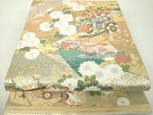 平和屋着物▼六通柄袋帯 唐織 色紙重ね御所車花鳥文 金糸 正絹 逸品 DABH9326ps