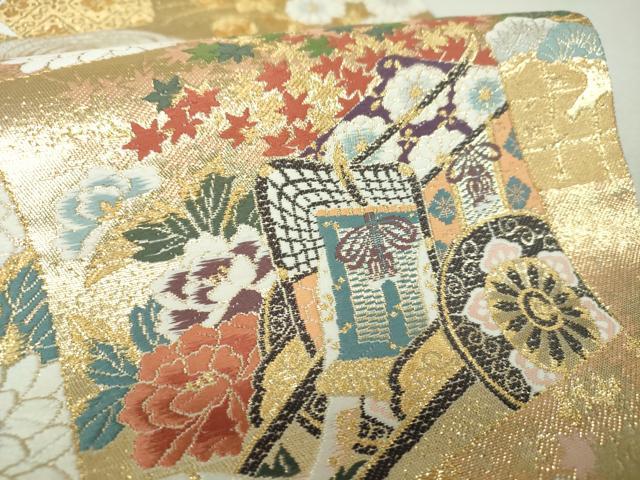 平和屋着物▼六通柄袋帯 唐織 色紙重ね御所車花鳥文 金糸 正絹 逸品 DABH9326ps