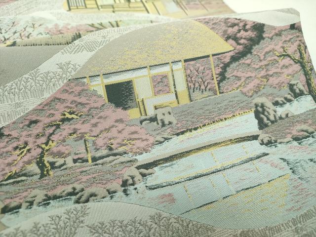平和屋着物▼山喜織物謹製 萬葉 紹巴 全通柄袋帯 紹巴 風景文 正絹 逸品 DABH9327ps