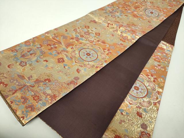 平和屋着物▼六通柄袋帯 花鳥丸文 金糸 正絹 逸品 DABH9330ps