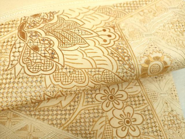 平和屋着物▼中国三大刺繍 スワトウ相良刺繍 汕頭相良刺繍 総刺繍 太鼓柄袋帯 更紗花文 金彩 正絹 逸品 DABH9348ps