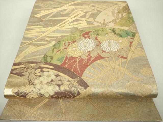 平和屋着物▼袋帯 螺鈿織 扇面花文 金銀糸 正絹 逸品 DABH9352ps
