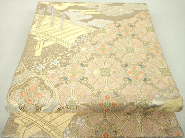 平和屋着物▼六通柄袋帯 夕錦 渡橋花文 金糸 正絹 逸品 DABH9354ps