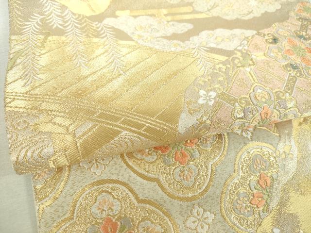 平和屋着物▼六通柄袋帯 夕錦 渡橋花文 金糸 正絹 逸品 DABH9354ps