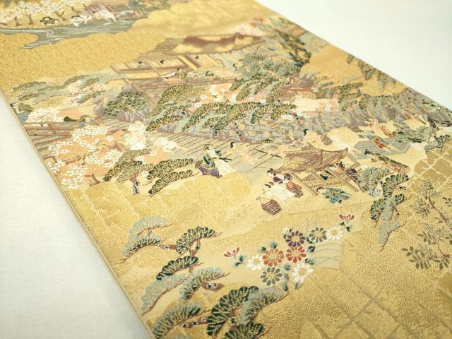 平和屋着物▼六通柄袋帯 雲取り人物風景 金糸 正絹 逸品 DABH9399ps