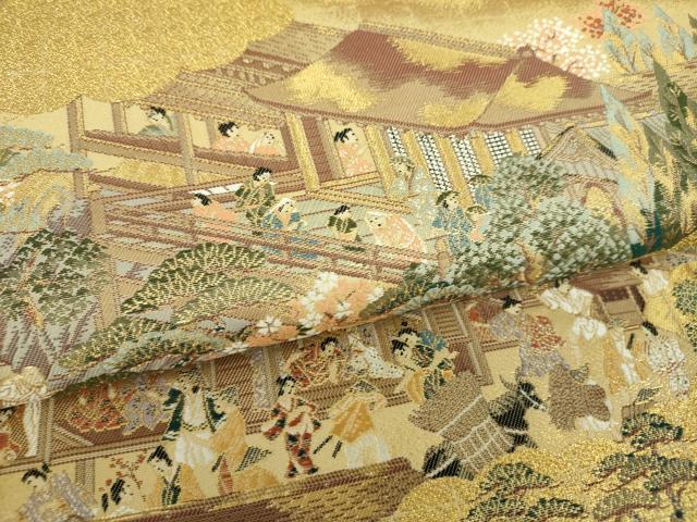 平和屋着物▼六通柄袋帯 雲取り人物風景 金糸 正絹 逸品 DABH9399ps