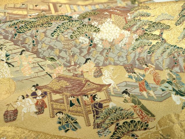 平和屋着物▼六通柄袋帯 雲取り人物風景 金糸 正絹 逸品 DABH9399ps