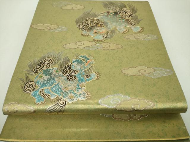 平和屋着物●太鼓柄袋帯 唐獅子 花手毬 霊芝雲 金銀彩 引箔 正絹 逸品 DABH9403ps