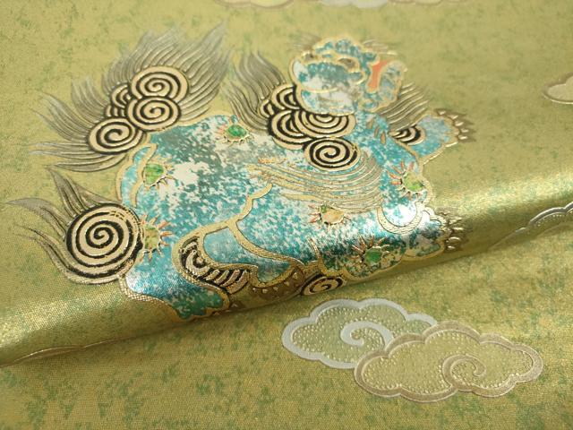 平和屋着物●太鼓柄袋帯 唐獅子 花手毬 霊芝雲 金銀彩 引箔 正絹 逸品 DABH9403ps