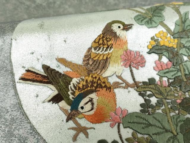 平和屋着物●九寸名古屋帯 総刺繍 花鳥丸文 銀彩 引箔 正絹 逸品 DABH9407ps