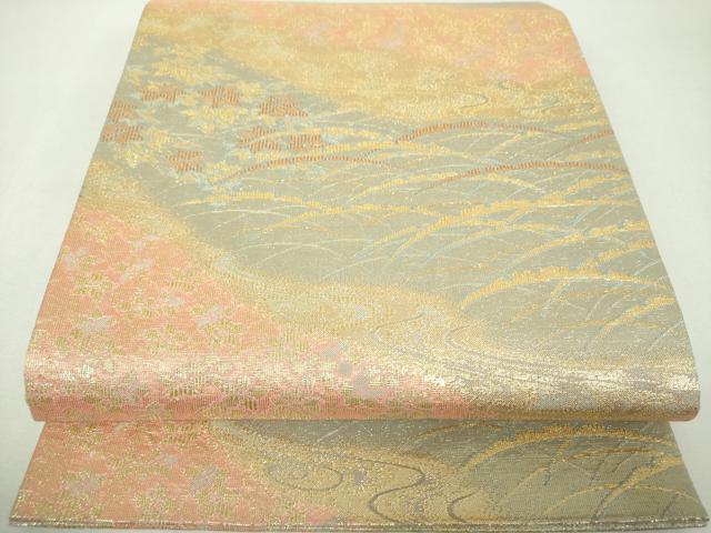 平和屋着物▼六通柄袋帯 竜田川 雪芝花文 金糸 正絹 逸品 DABH9409ps