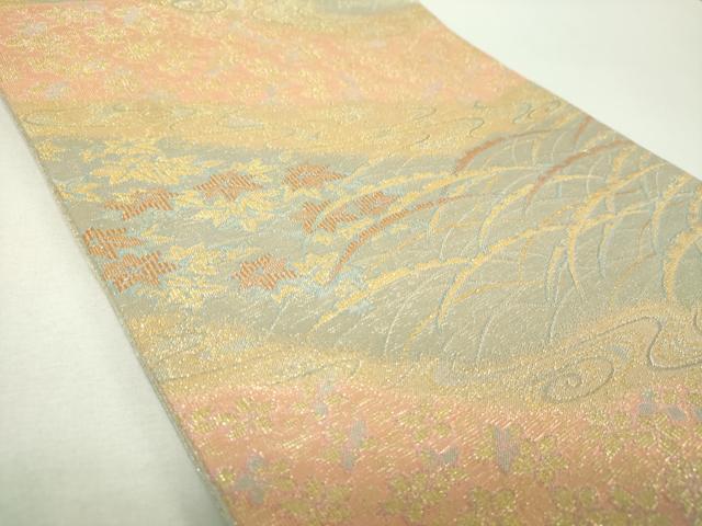 平和屋着物▼六通柄袋帯 竜田川 雪芝花文 金糸 正絹 逸品 DABH9409ps