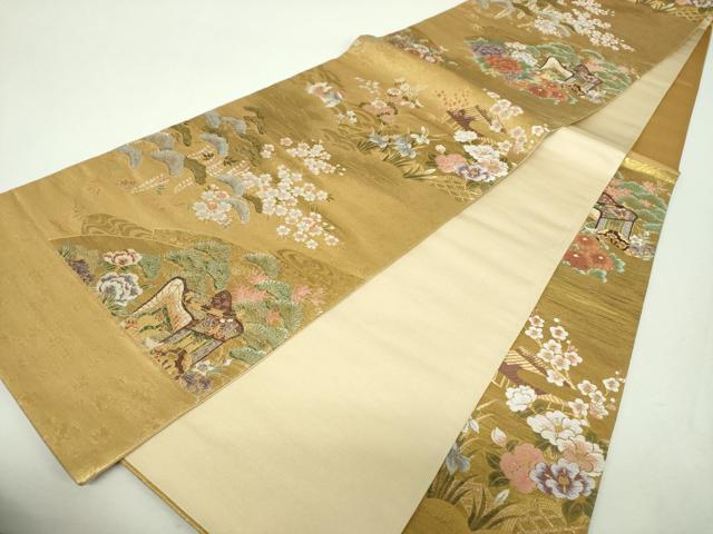 平和屋着物▼六通柄袋帯 御所車花鳥文 金糸 正絹 逸品 未使用 DABH9411ps