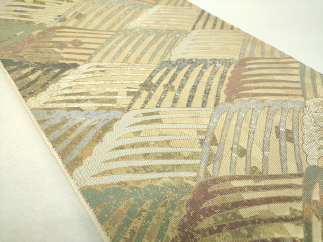 平和屋着物▼三宅てる乃 太鼓柄袋帯 螺鈿箔 流水文 金銀彩 正絹 逸品 未使用 DABH9420ps